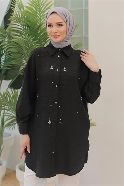 ARMİNE TREND Gömlek Yakalı Önden Taş Desenli Tunik Siyah 24YT443