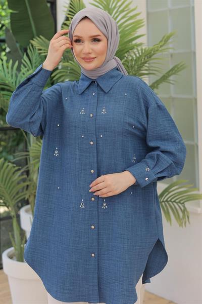 ARMİNE TREND Gömlek Yakalı Önden Taş Desenli Tunik İndigo 24YT443