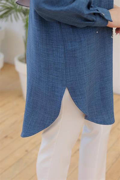 ARMİNE TREND Gömlek Yakalı Önden Taş Desenli Tunik İndigo 24YT443