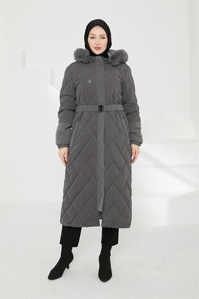 Armine TREND Kapüşonlu Kemerli Kapitone Şişme Mont Gri 25kt731