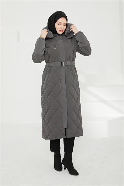 Armine TREND Kapüşonlu Kemerli Kapitone Şişme Mont Gri 25kt731