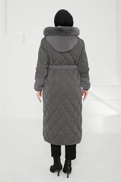 Armine TREND Kapüşonlu Kemerli Kapitone Şişme Mont Gri 25kt731