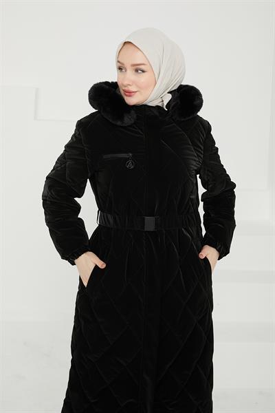 Armine TREND Kapüşonlu Kemerli Kapitone Şişme Mont Siyah 24kt728