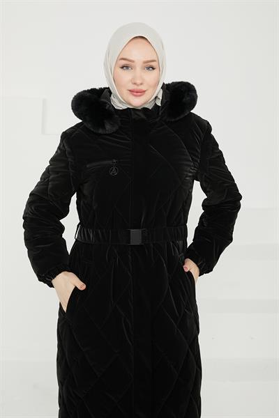 Armine TREND Kapüşonlu Kemerli Kapitone Şişme Mont Siyah 24kt728