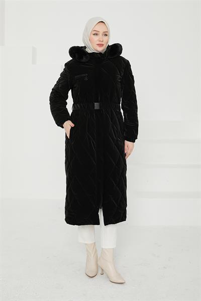 Armine TREND Kapüşonlu Kemerli Kapitone Şişme Mont Siyah 24kt728