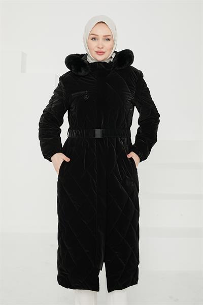 Armine TREND Kapüşonlu Kemerli Kapitone Şişme Mont Siyah 24kt728