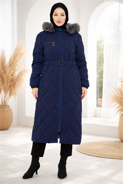 Armine TREND Kapüşonlu Kemerli Kapitone Şişme Mont Lacivert 25kt731