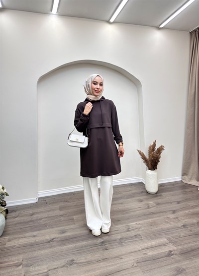 Armine Trend Kapüşonlu Yandan Cepli Kolları Lastikli Fitilli Tunik Kahverengi 25KT462