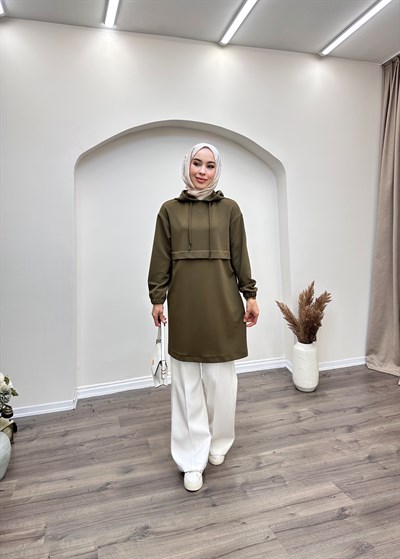 Armine Trend Kapüşonlu Yandan Cepli Kolları Lastikli Fitilli Tunik Haki 25KT462