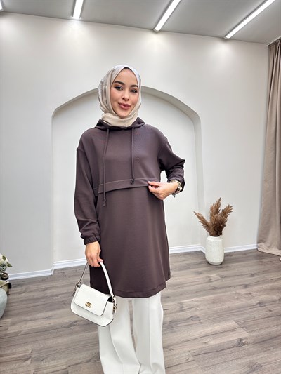 Armine Trend Kapüşonlu Yandan Cepli Kolları Lastikli Fitilli Tunik Kahverengi 25KT462