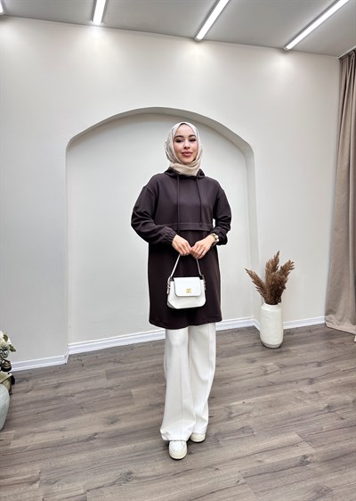 Armine Trend Kapüşonlu Yandan Cepli Kolları Lastikli Fitilli Tunik Kahverengi 25KT462