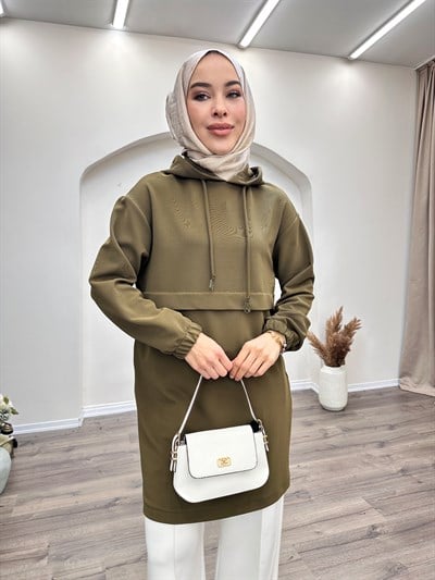 Armine Trend Kapüşonlu Yandan Cepli Kolları Lastikli Fitilli Tunik Haki 25KT462