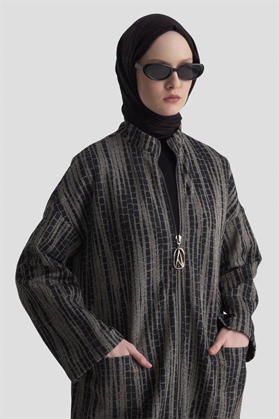Armine Trend Kendinden Desenli Sim Detaylı Boydan Fermuarlı Cepli Giyçık Siyah 25KT547