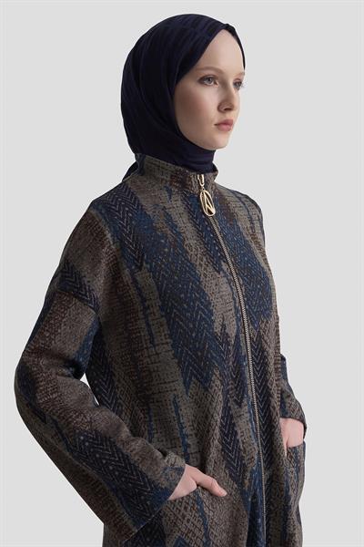 Armine Trend Kendinden Desenli Sim Detaylı Boydan Fermuarlı Cepli Giyçık Lacivert 25KT547