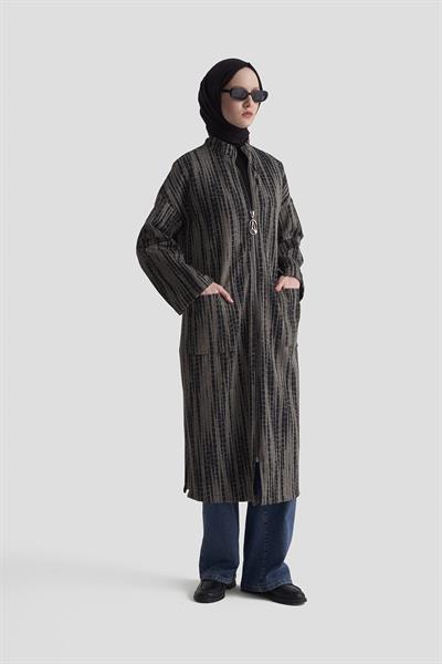 Armine Trend Kendinden Desenli Sim Detaylı Boydan Fermuarlı Cepli Giyçık Siyah 25KT547