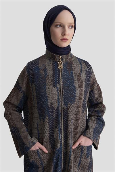 Armine Trend Kendinden Desenli Sim Detaylı Boydan Fermuarlı Cepli Giyçık Lacivert 25KT547
