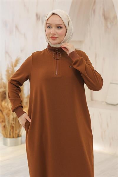 ARMİNE TREND Kolları Ribanalı Yarım Fermuarlı Tunik Taba 24KT436