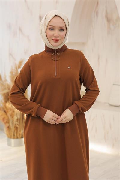 ARMİNE TREND Kolları Ribanalı Yarım Fermuarlı Tunik Taba 24KT436