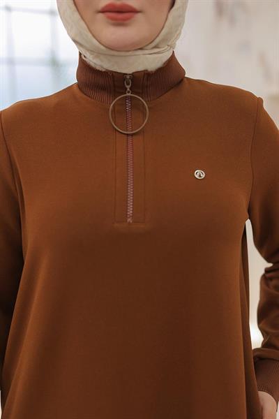 ARMİNE TREND Kolları Ribanalı Yarım Fermuarlı Tunik Taba 24KT436