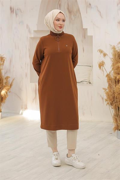 ARMİNE TREND Kolları Ribanalı Yarım Fermuarlı Tunik Taba 24KT436