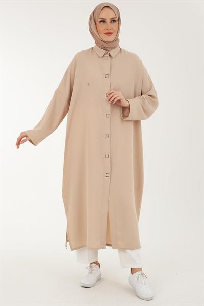 ARMİNE TREND Krep Kumaşlı Boydan Çıtçıtlı Yırtmaçlı Giy Çık-Bej 23YT510