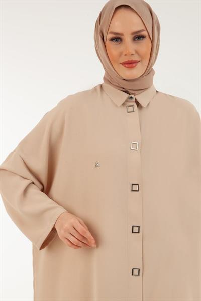 ARMİNE TREND Krep Kumaşlı Boydan Çıtçıtlı Yırtmaçlı Giy Çık-Bej 23YT510