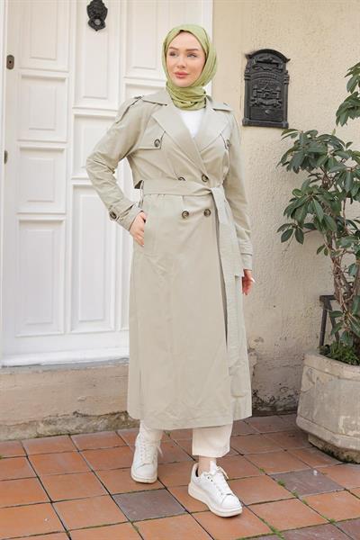 ARMİNE TREND Kruvaze Kapamalı Düğmeli Belden Kuşaklı Kap-Küf Yeşili 25YT707