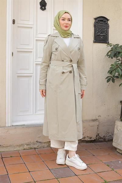 ARMİNE TREND Kruvaze Kapamalı Düğmeli Belden Kuşaklı Kap-Küf Yeşili 25YT707