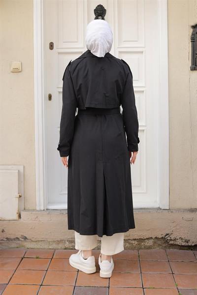 ARMİNE TREND Kruvaze Kapamalı Düğmeli Belden Bağlamalı Kap-Siyah-25YT702