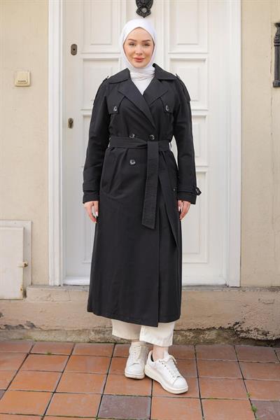 ARMİNE TREND Kruvaze Kapamalı Düğmeli Belden Bağlamalı Kap-Siyah-25YT702