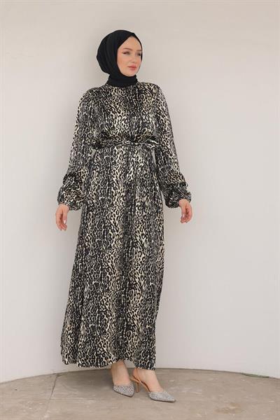 ARMİNE TREND Leopar Desenli Beli Kemerli Elbise SİYAH 24KT904