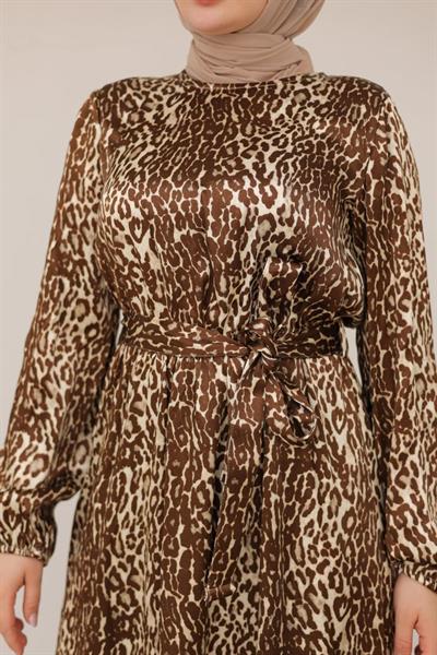 ARMİNE TREND Leopar Desenli Beli Kemerli Elbise Kahverengi 24KT904