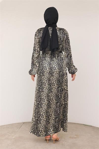 ARMİNE TREND Leopar Desenli Beli Kemerli Elbise SİYAH 24KT904