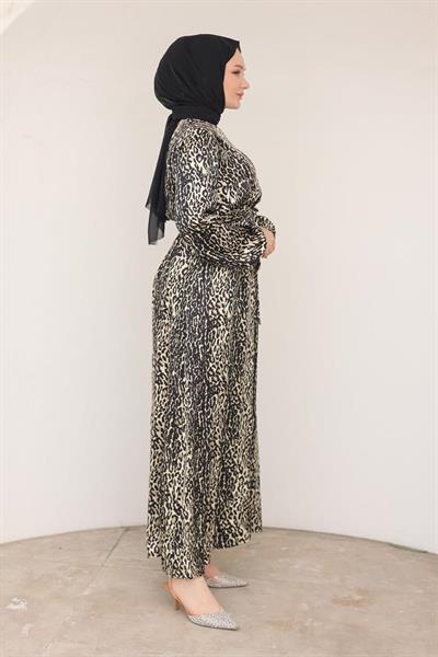 ARMİNE TREND Leopar Desenli Beli Kemerli Elbise SİYAH 24KT904
