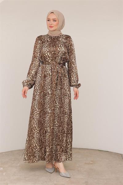 ARMİNE TREND Leopar Desenli Beli Kemerli Elbise Kahverengi 24KT904