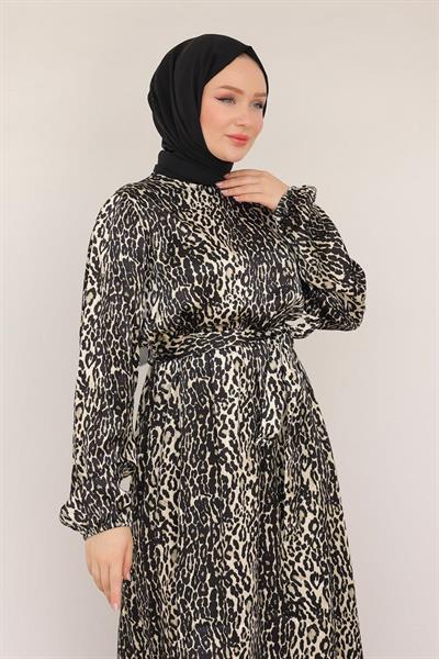 ARMİNE TREND Leopar Desenli Beli Kemerli Elbise SİYAH 24KT904