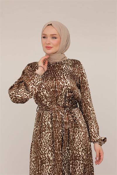 ARMİNE TREND Leopar Desenli Beli Kemerli Elbise Kahverengi 24KT904