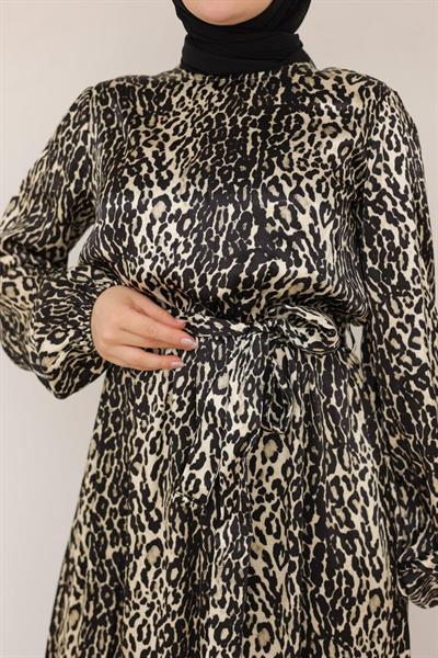 ARMİNE TREND Leopar Desenli Beli Kemerli Elbise SİYAH 24KT904