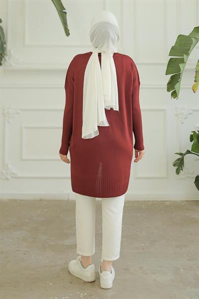ARMİNE TREND Omuzları Düğme Detaylı Triko Tunik-KIRMIZI 24KTD407