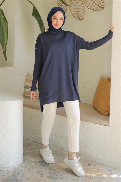ARMİNE TREND Omuzları Düğme Detaylı Triko Tunik-Lacivert 24KTD407