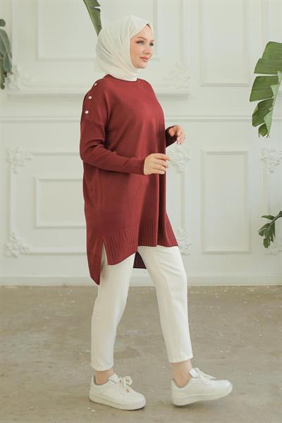 ARMİNE TREND Omuzları Düğme Detaylı Triko Tunik-KIRMIZI 24KTD407