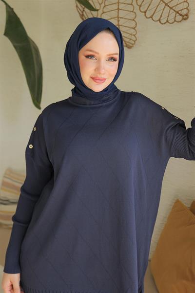 ARMİNE TREND Omuzları Düğme Detaylı Triko Tunik-Lacivert 24KTD407