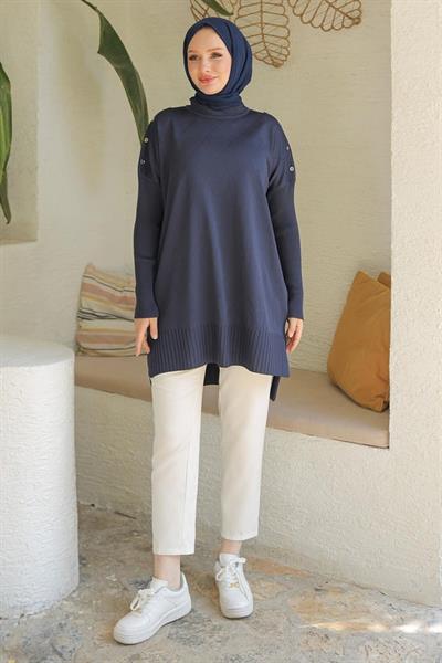 ARMİNE TREND Omuzları Düğme Detaylı Triko Tunik-Lacivert 24KTD407