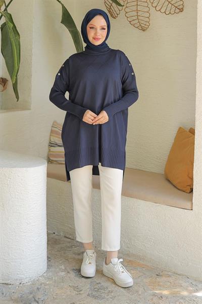 ARMİNE TREND Omuzları Düğme Detaylı Triko Tunik-Lacivert 24KTD407