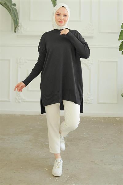 ARMİNE TREND Omuzları Düğme Detaylı Triko Tunik-KAHVERENGİ 24KTD407