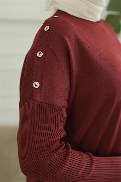 ARMİNE TREND Omuzları Düğme Detaylı Triko Tunik-KIRMIZI 24KTD407