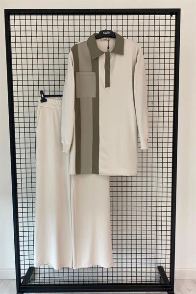 ARMİNE TREND ÖNÜ ŞERİT VE PARAŞÜT DETAYLI PANTOLONLU TAKIM 25YT610 TAŞ