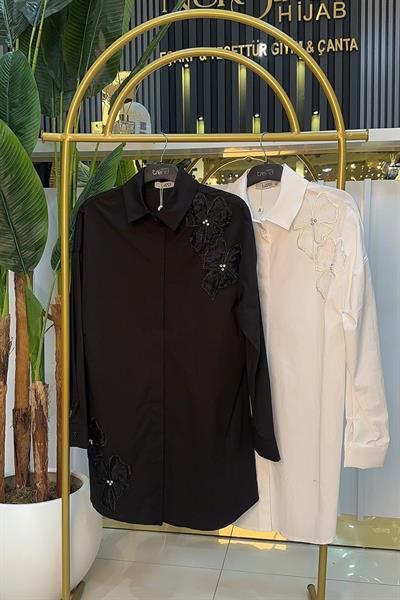 Armine Trend Pamuk Kumaş Çiçek Aplikeli Gömlek Tunik Ekru 25YT312