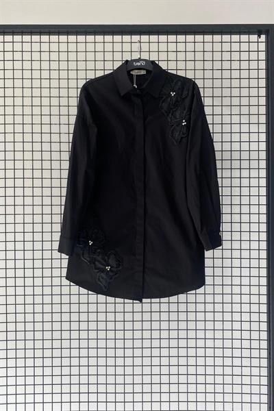 Armine Trend Pamuk Kumaş Çiçek Aplikeli Gömlek Tunik SİYAH 25YT312