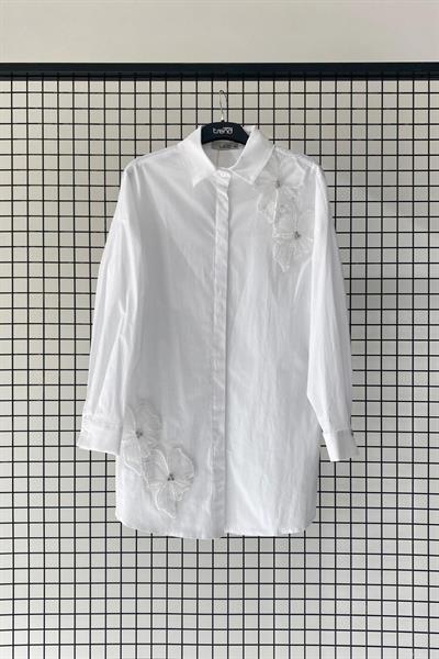 Armine Trend Pamuk Kumaş Çiçek Aplikeli Gömlek Tunik Ekru 25YT312